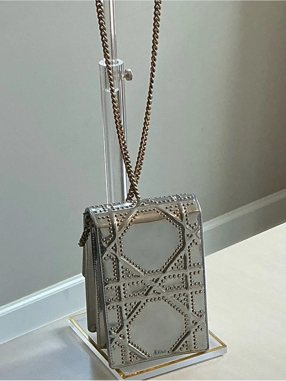 Authentic Christian Dior Diorama Vertical Clutch On Chain Studded Silver Leather